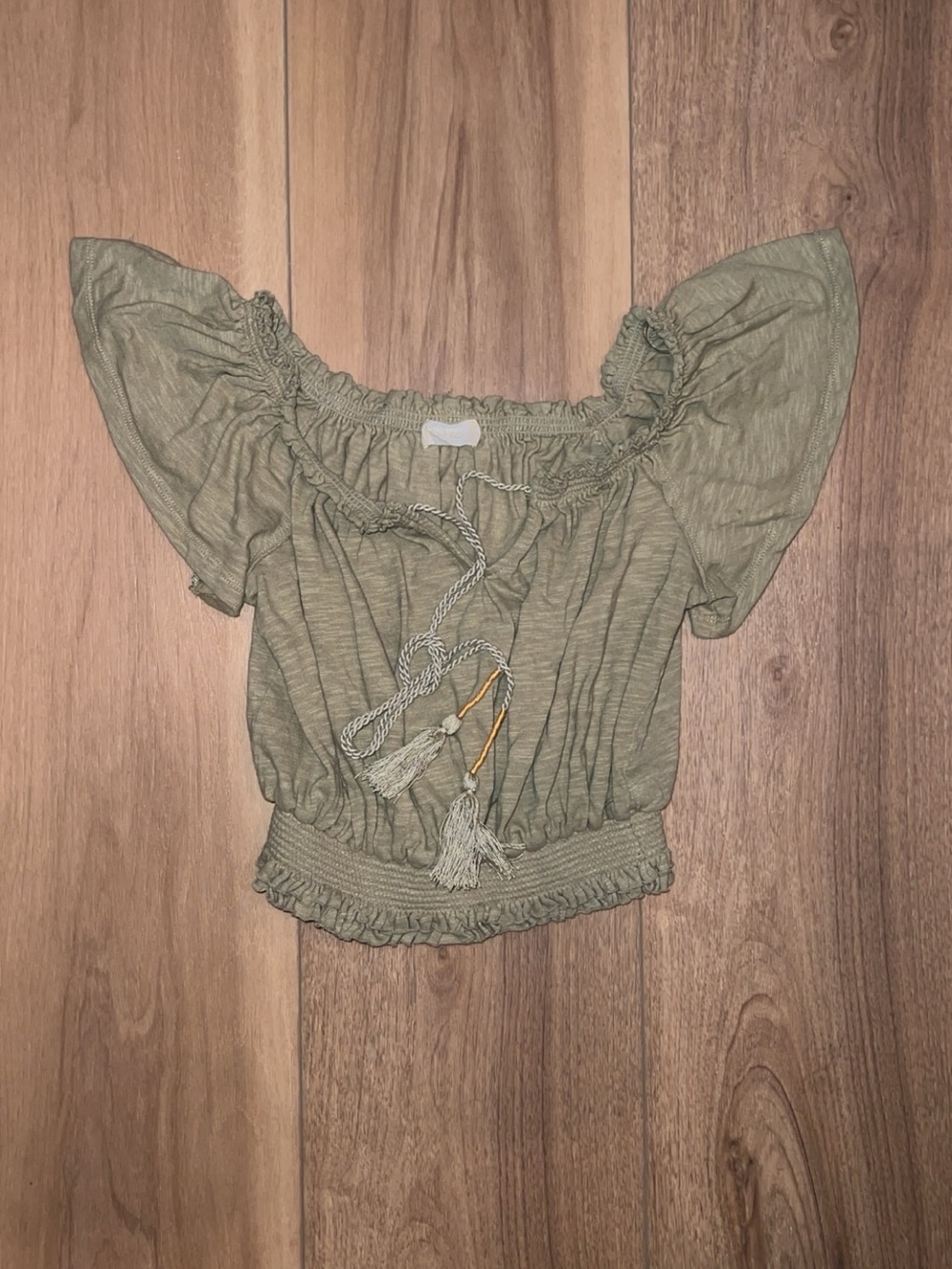 Altar’d State - Off-Shoulder Olive Green Peasant Top with Tassel Tie